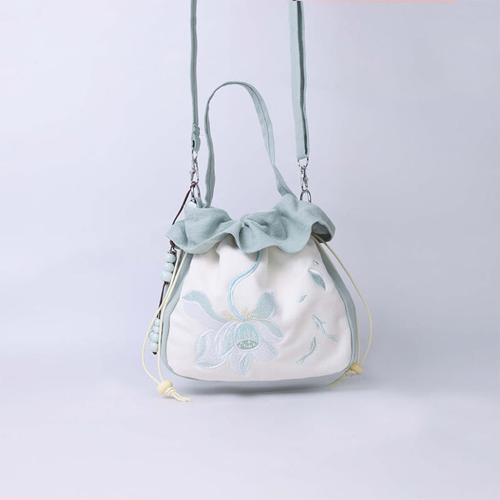 Sac à bandoulière en coton et lin avec broderie de Buddha Stones et Lotus Epiphyllum Magnolia de Suzhou