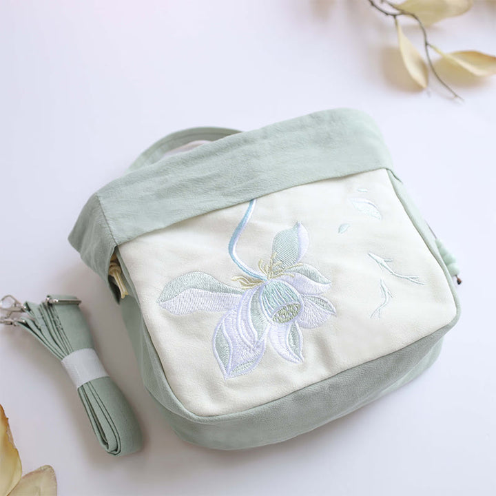 Sac à bandoulière en coton et lin avec broderie de Buddha Stones et Lotus Epiphyllum Magnolia de Suzhou