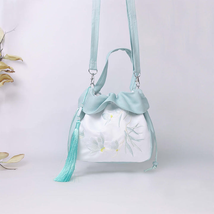 Sac à bandoulière en coton et lin avec broderie de Buddha Stones et Lotus Epiphyllum Magnolia de Suzhou
