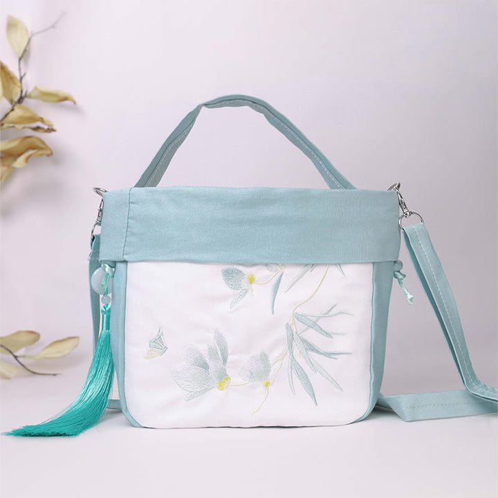 Sac à bandoulière en coton et lin avec broderie de Buddha Stones et Lotus Epiphyllum Magnolia de Suzhou