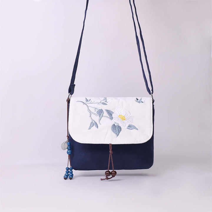Sac à bandoulière brodé en Buddha Stones , camélia, épiphyllum, gardénia, fleurs de Sakura, sac à bandoulière, sac pour téléphone portable