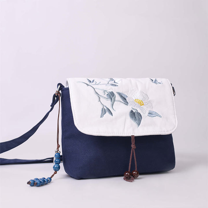 Sac à bandoulière brodé en Buddha Stones , camélia, épiphyllum, gardénia, fleurs de Sakura, sac à bandoulière, sac pour téléphone portable