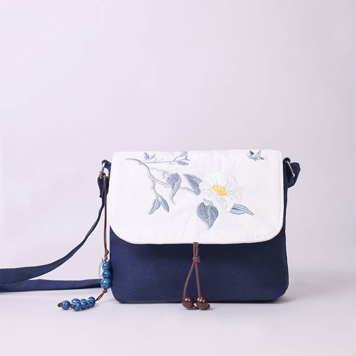 Sac à bandoulière brodé en Buddha Stones , camélia, épiphyllum, gardénia, fleurs de Sakura, sac à bandoulière, sac pour téléphone portable