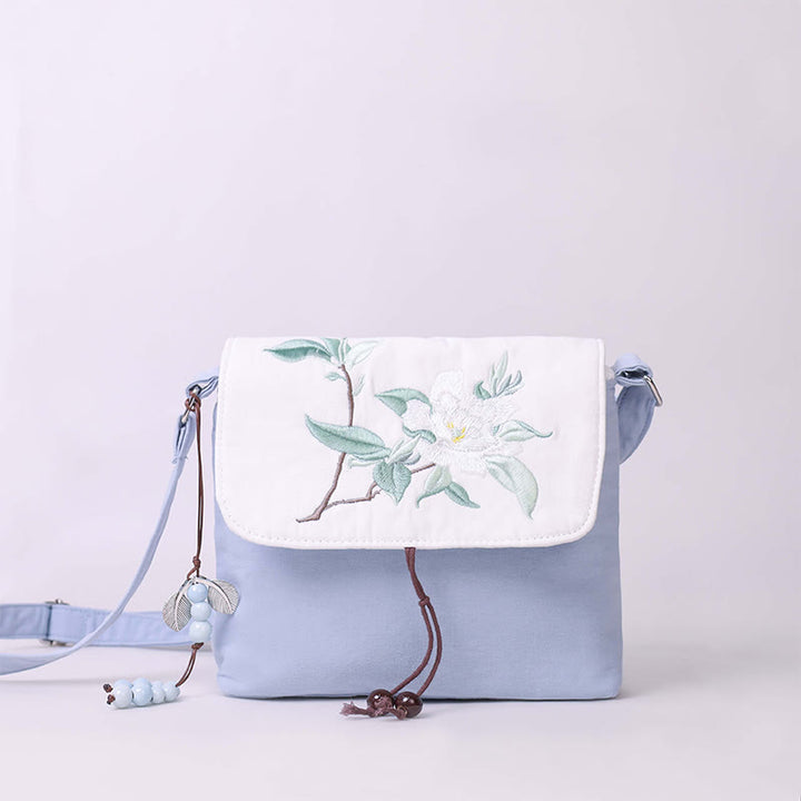 Sac à bandoulière brodé en Buddha Stones , camélia, épiphyllum, gardénia, fleurs de Sakura, sac à bandoulière, sac pour téléphone portable