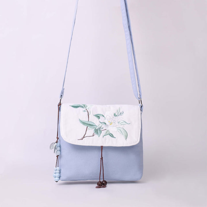 Sac à bandoulière brodé en Buddha Stones , camélia, épiphyllum, gardénia, fleurs de Sakura, sac à bandoulière, sac pour téléphone portable