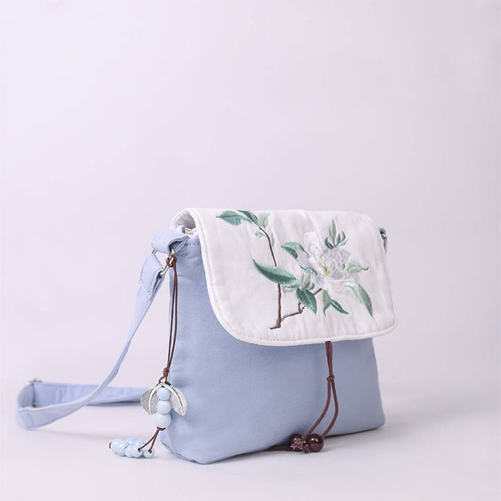Sac à bandoulière brodé en Buddha Stones , camélia, épiphyllum, gardénia, fleurs de Sakura, sac à bandoulière, sac pour téléphone portable
