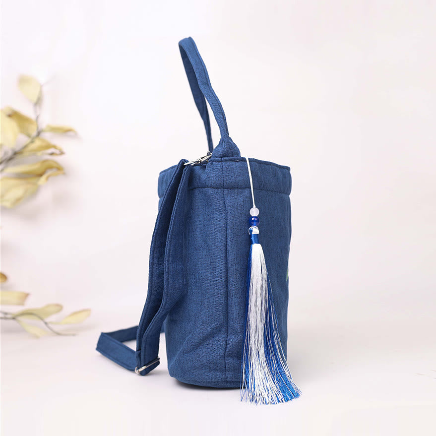 Sac à bandoulière en toile de coton et lin avec broderie de Buddha Stones , glycine, prunier, lotus, fleur de cerisier