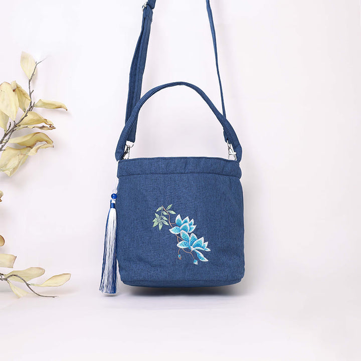 Sac à bandoulière en toile de coton et lin avec broderie de Buddha Stones , glycine, prunier, lotus, fleur de cerisier