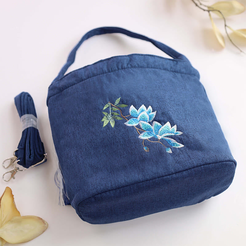 Sac à bandoulière en toile de coton et lin avec broderie de Buddha Stones , glycine, prunier, lotus, fleur de cerisier
