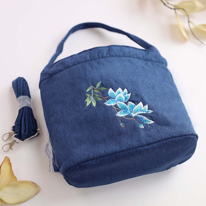 Sac à bandoulière en toile de coton et lin avec broderie de Buddha Stones , glycine, prunier, lotus, fleur de cerisier
