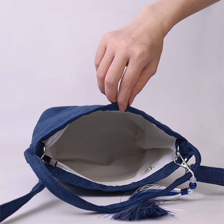 Sac à bandoulière en toile de coton et lin avec broderie de Buddha Stones , glycine, prunier, lotus, fleur de cerisier