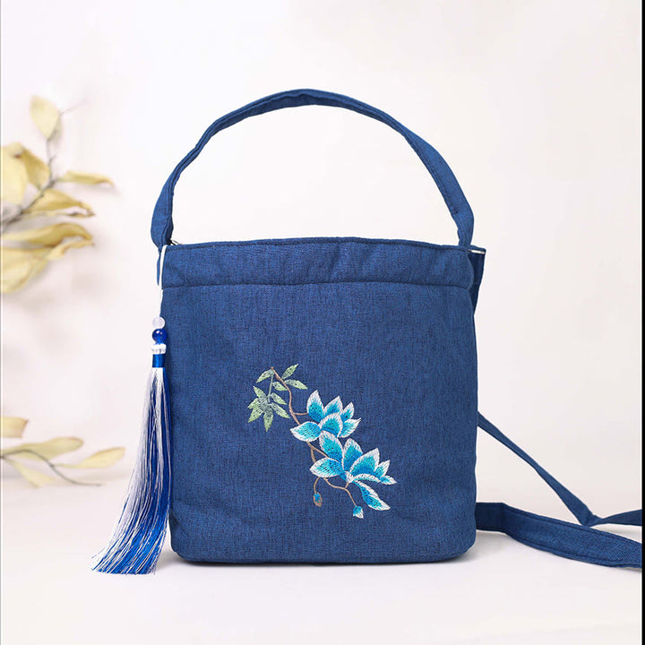 Sac à bandoulière en toile de coton et lin avec broderie de Buddha Stones , glycine, prunier, lotus, fleur de cerisier