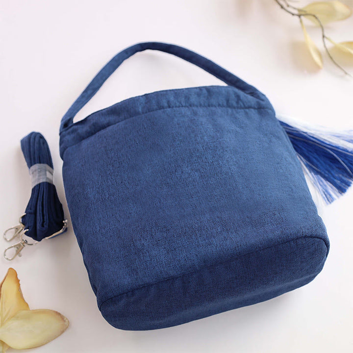 Sac à bandoulière en toile de coton et lin avec broderie de Buddha Stones , glycine, prunier, lotus, fleur de cerisier