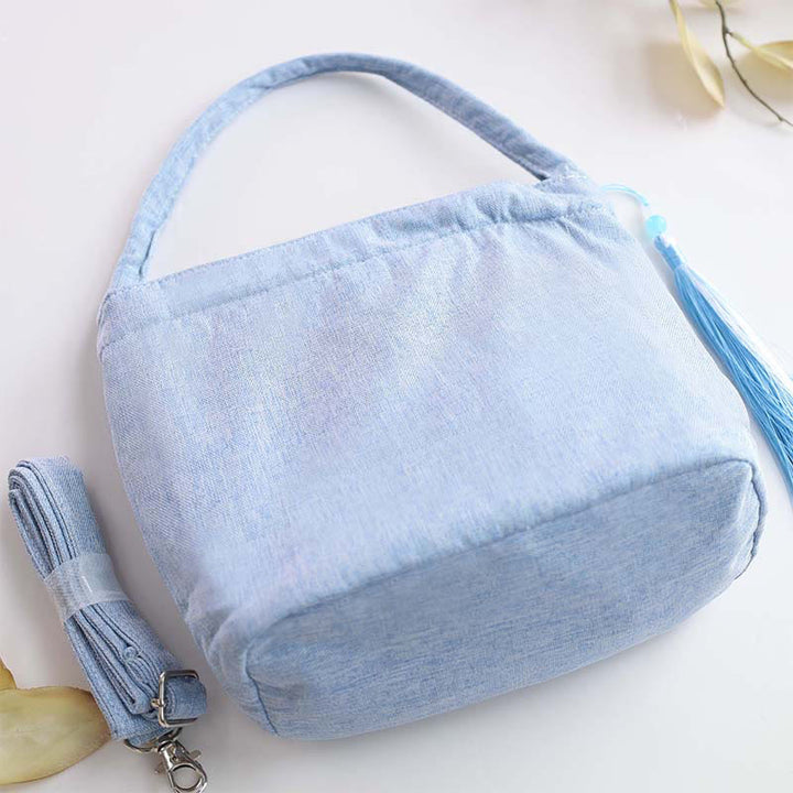 Sac à bandoulière en toile de coton et lin avec broderie de Buddha Stones , glycine, prunier, lotus, fleur de cerisier