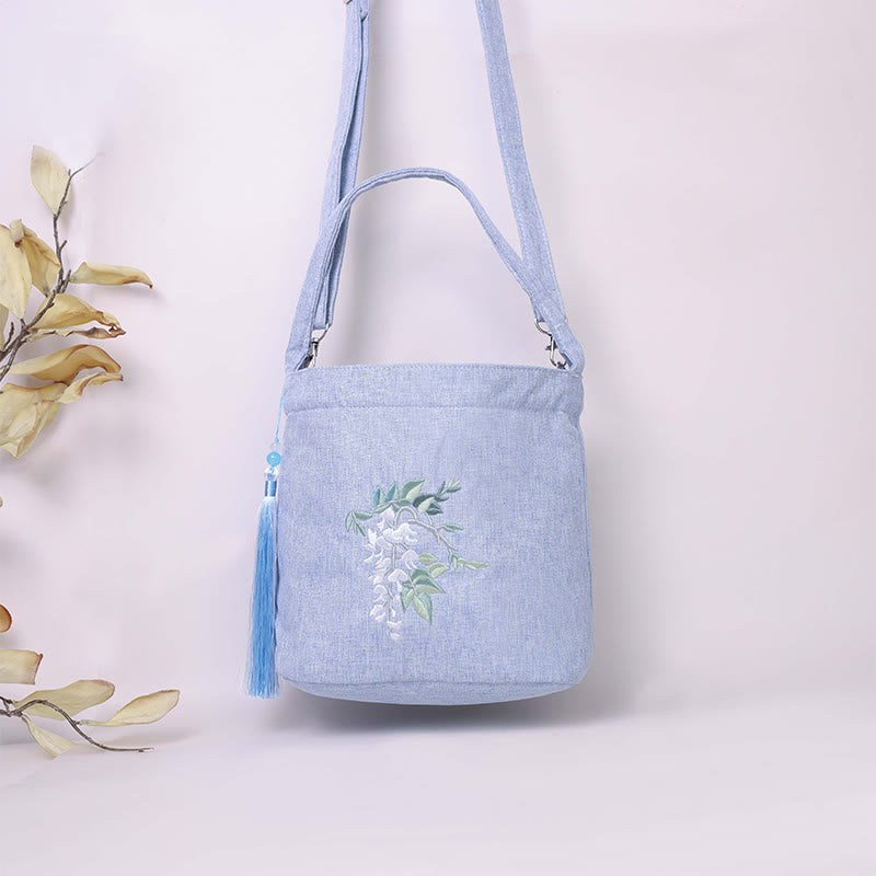 Sac à bandoulière en toile de coton et lin avec broderie de Buddha Stones , glycine, prunier, lotus, fleur de cerisier