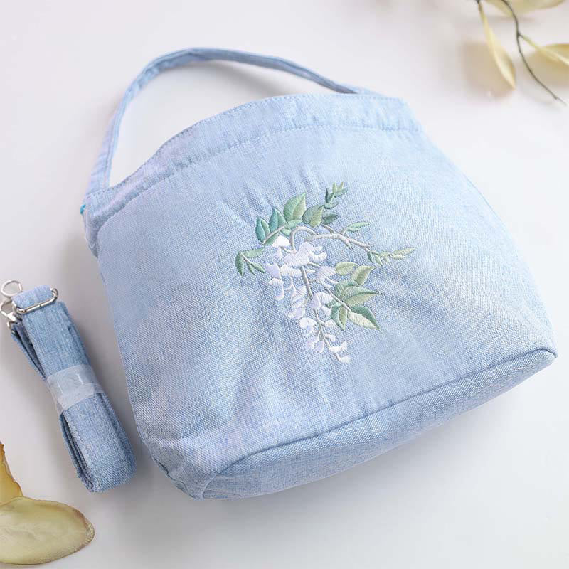 Sac à bandoulière en toile de coton et lin avec broderie de Buddha Stones , glycine, prunier, lotus, fleur de cerisier