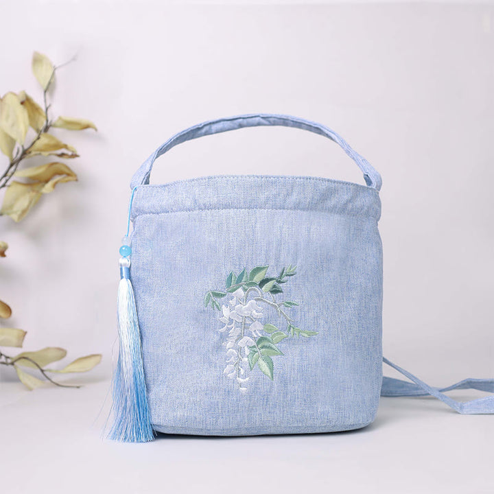Sac à bandoulière en toile de coton et lin avec broderie de Buddha Stones , glycine, prunier, lotus, fleur de cerisier