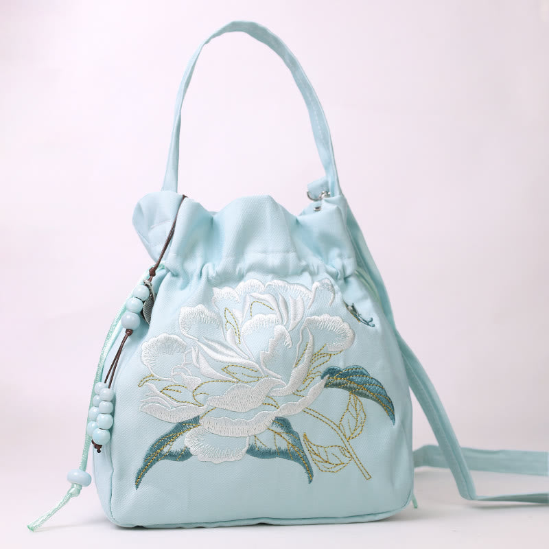 Sac à bandoulière en coton et lin avec fleurs brodées de Buddha Stones et glycine