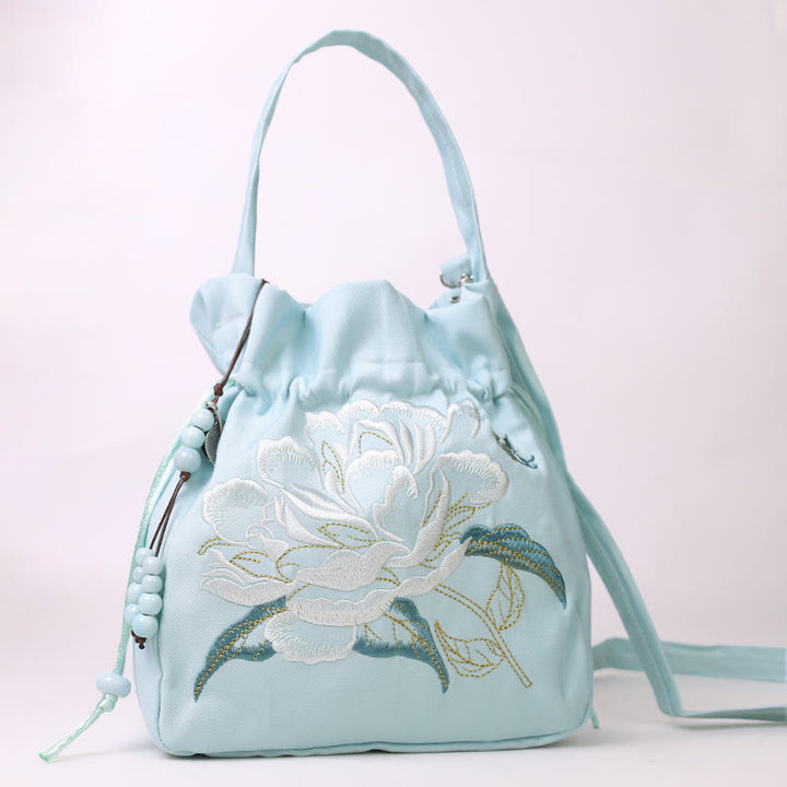 Sac à bandoulière en coton et lin avec fleurs brodées de Buddha Stones et glycine