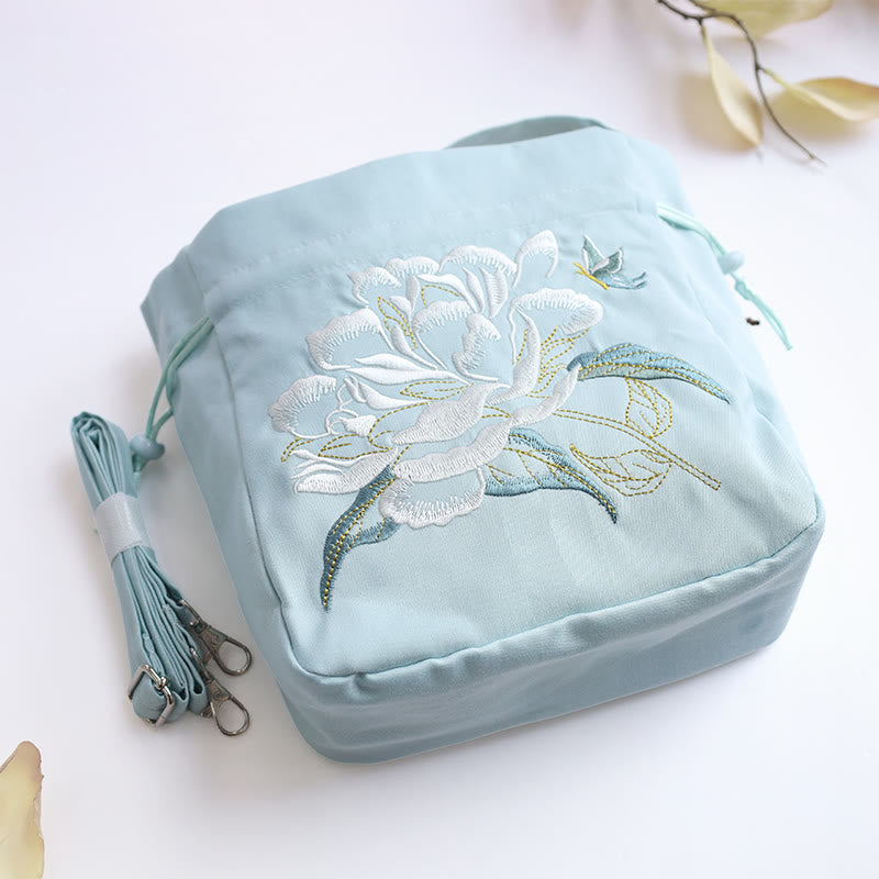 Sac à bandoulière en coton et lin avec fleurs brodées de Buddha Stones et glycine