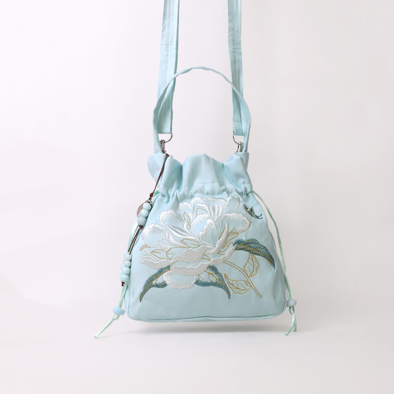 Sac à bandoulière en coton et lin avec fleurs brodées de Buddha Stones et glycine