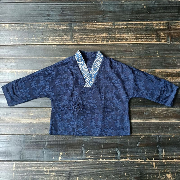 Veste à manches longues et col en V en jacquard avec fleurs et Buddha Stones