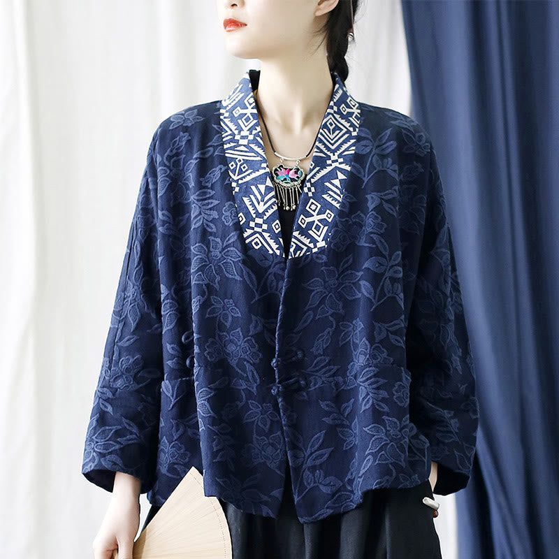 Veste à manches longues et col en V en jacquard avec fleurs et Buddha Stones