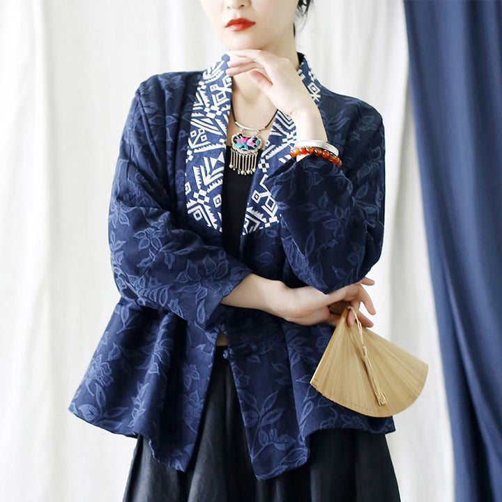 Veste à manches longues et col en V en jacquard avec fleurs et Buddha Stones
