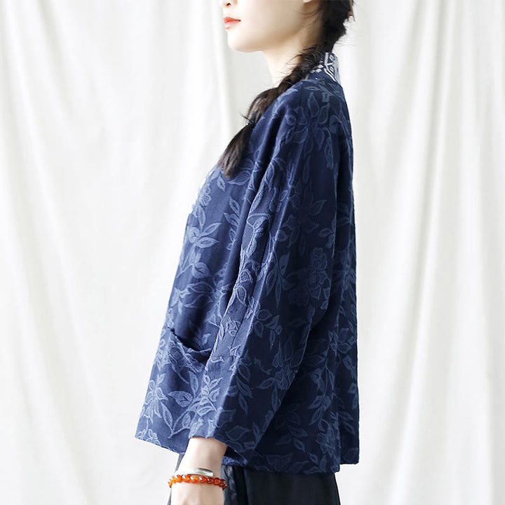 Veste à manches longues et col en V en jacquard avec fleurs et Buddha Stones