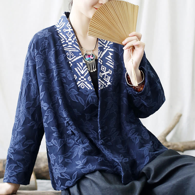 Veste à manches longues et col en V en jacquard avec fleurs et Buddha Stones