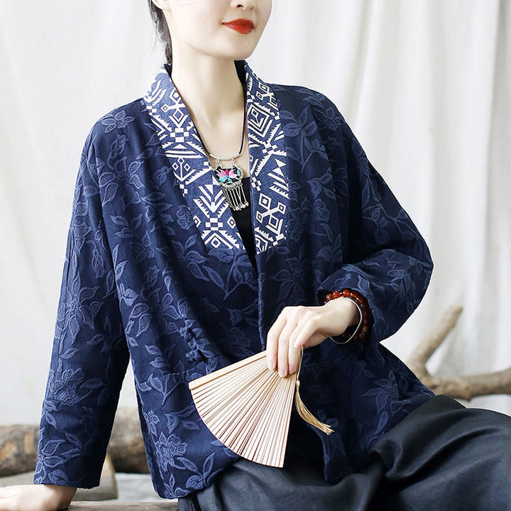 Veste à manches longues et col en V en jacquard avec fleurs et Buddha Stones