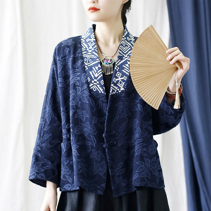 Veste à manches longues et col en V en jacquard avec fleurs et Buddha Stones