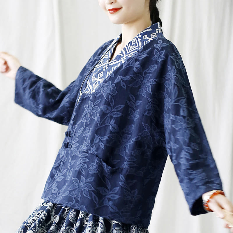 Veste à manches longues et col en V en jacquard avec fleurs et Buddha Stones