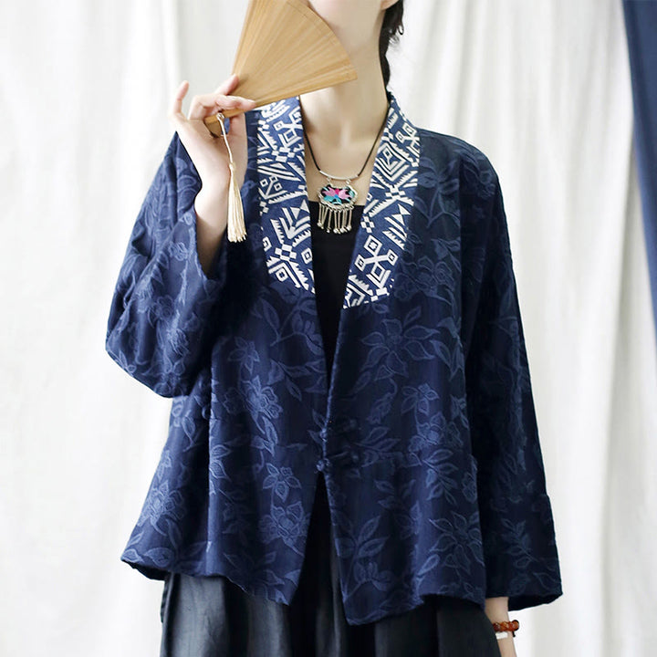 Veste à manches longues et col en V en jacquard avec fleurs et Buddha Stones
