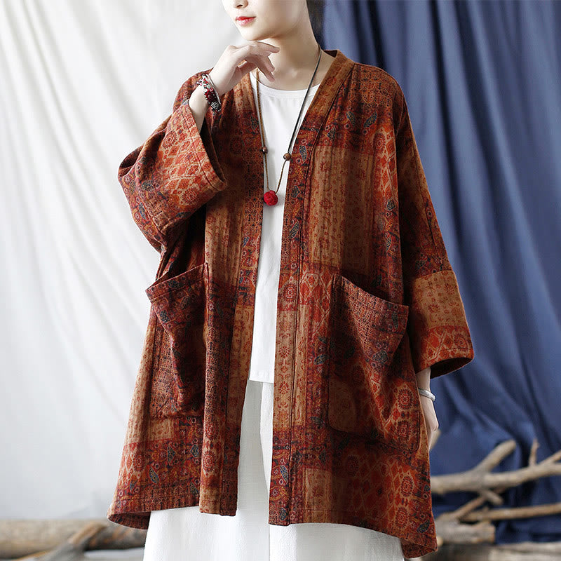 Veste ouverte en coton à imprimé géométrique de fleurs oranges et Buddha Stones avec poches