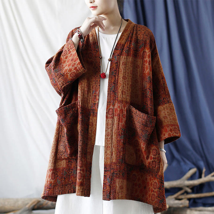 Veste ouverte en coton à imprimé géométrique de fleurs oranges et Buddha Stones avec poches