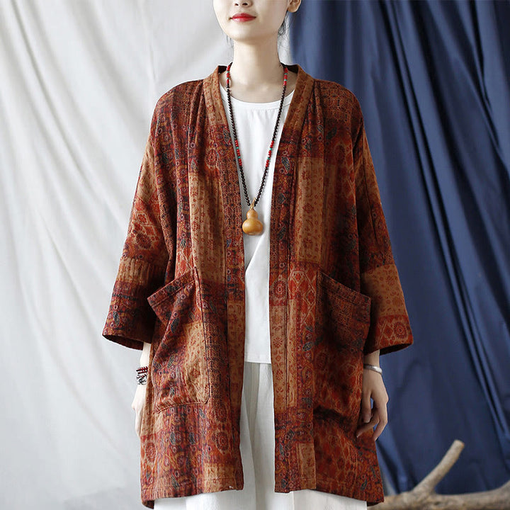 Veste ouverte en coton à imprimé géométrique de fleurs oranges et Buddha Stones avec poches