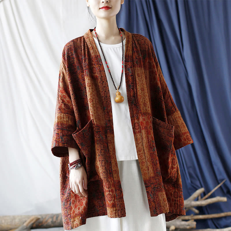 Veste ouverte en coton à imprimé géométrique de fleurs oranges et Buddha Stones avec poches