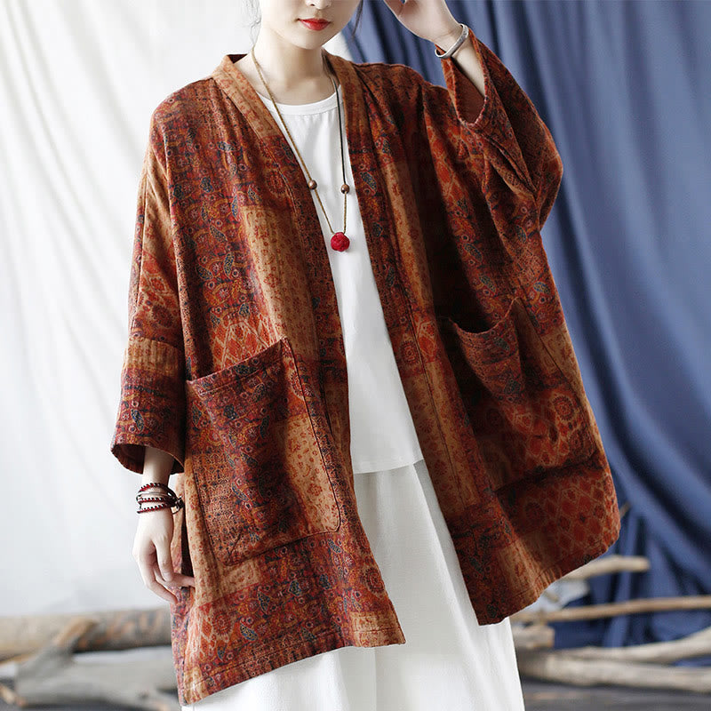 Veste ouverte en coton à imprimé géométrique de fleurs oranges et Buddha Stones avec poches
