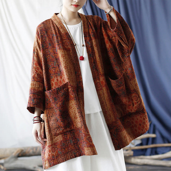 Veste ouverte en coton à imprimé géométrique de fleurs oranges et Buddha Stones avec poches