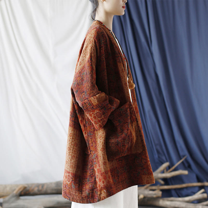Veste ouverte en coton à imprimé géométrique de fleurs oranges et Buddha Stones avec poches