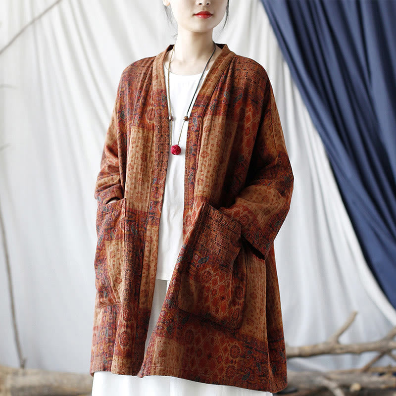 Veste ouverte en coton à imprimé géométrique de fleurs oranges et Buddha Stones avec poches