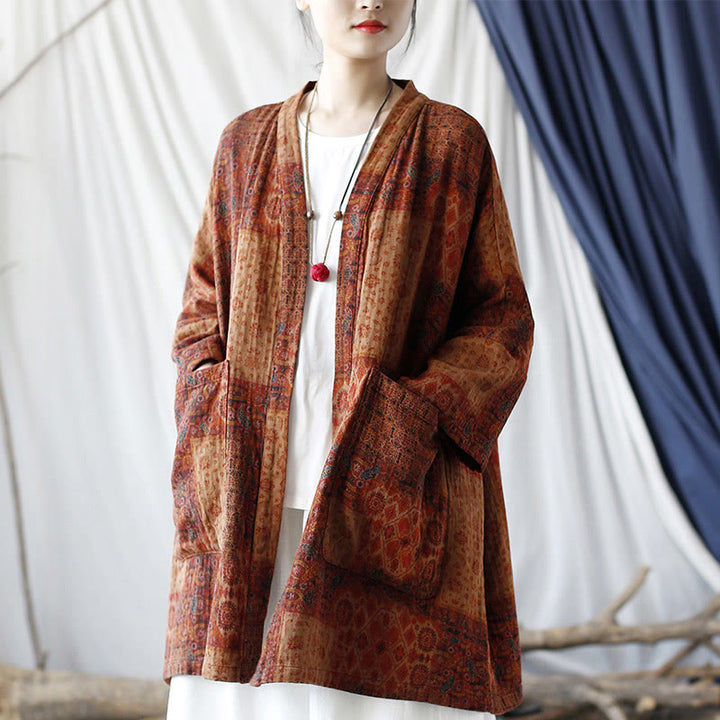 Veste ouverte en coton à imprimé géométrique de fleurs oranges et Buddha Stones avec poches