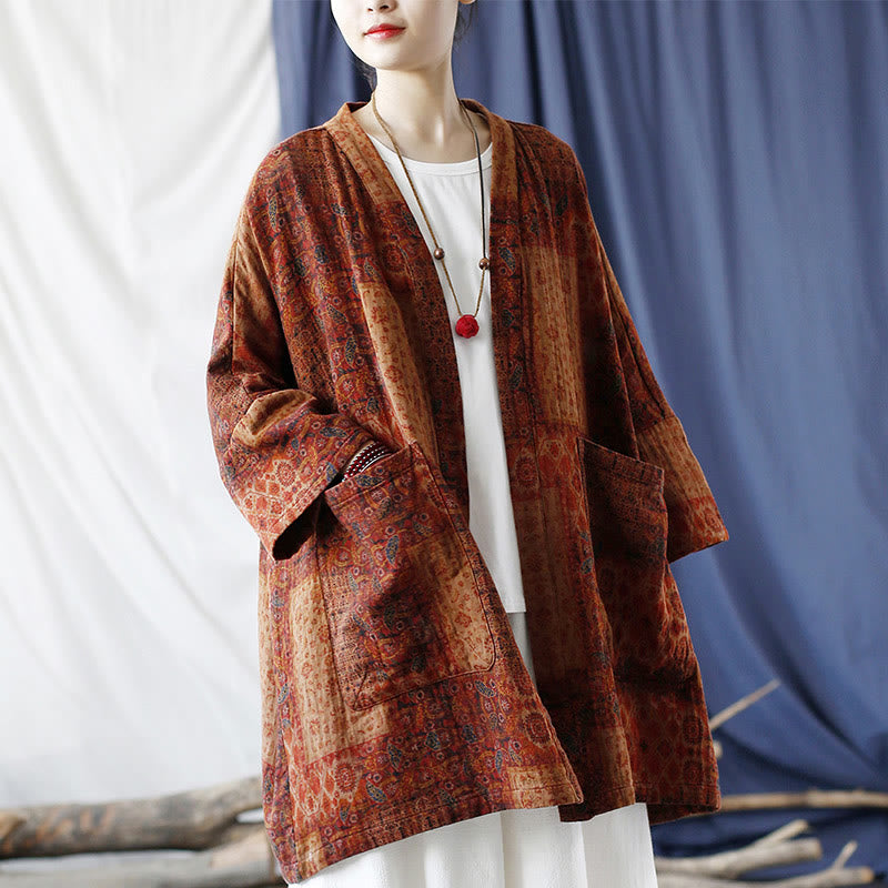 Veste ouverte en coton à imprimé géométrique de fleurs oranges et Buddha Stones avec poches