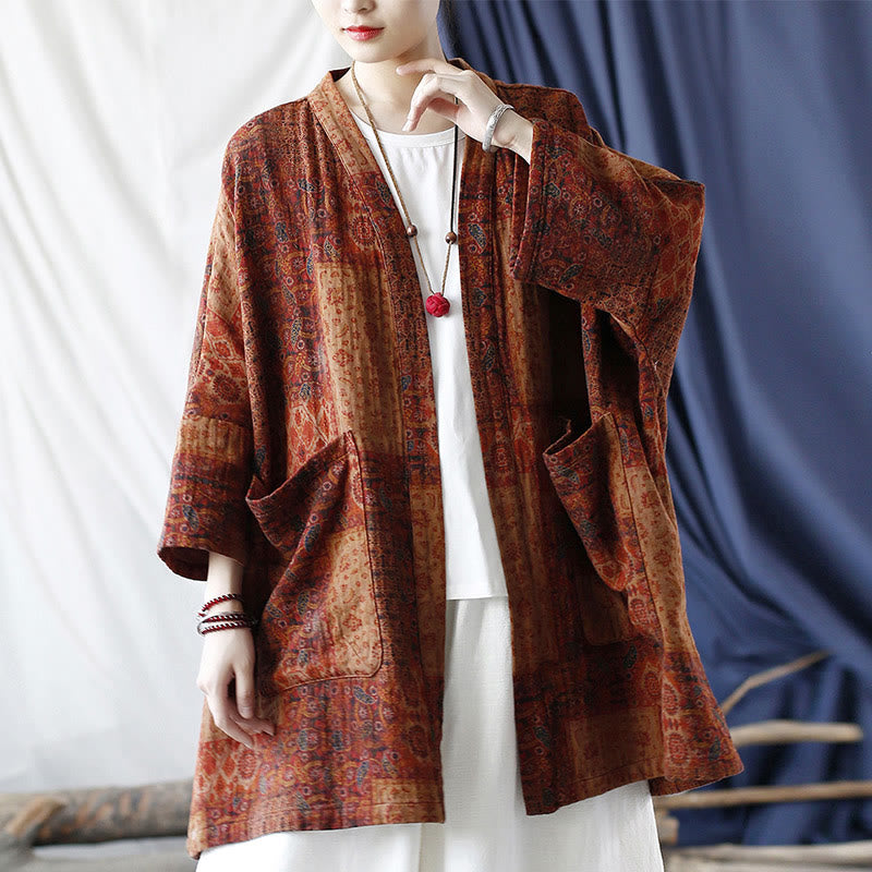 Veste ouverte en coton à imprimé géométrique de fleurs oranges et Buddha Stones avec poches