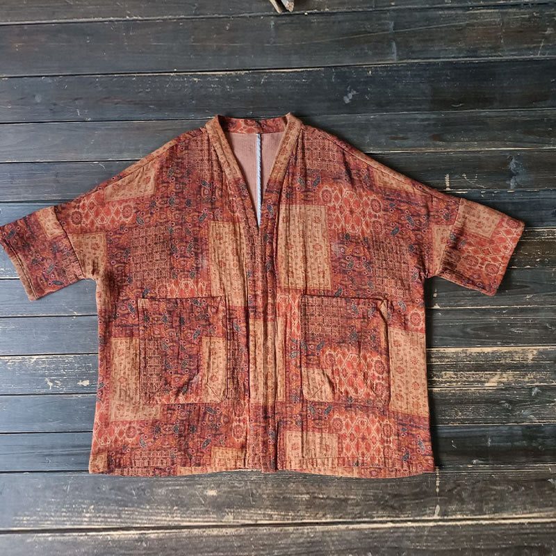 Veste ouverte en coton à imprimé géométrique de fleurs oranges et Buddha Stones avec poches