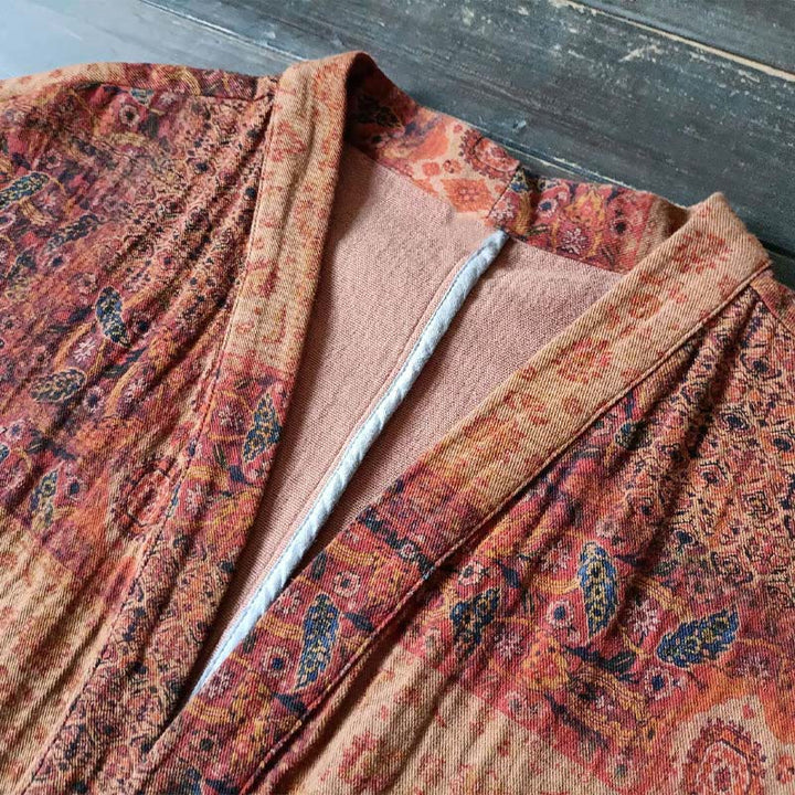 Veste ouverte en coton à imprimé géométrique de fleurs oranges et Buddha Stones avec poches