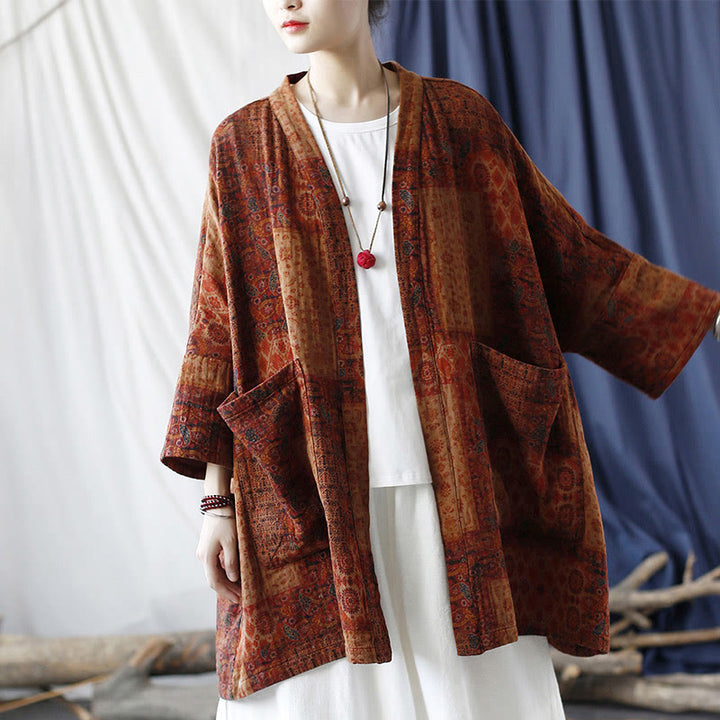 Veste ouverte en coton à imprimé géométrique de fleurs oranges et Buddha Stones avec poches