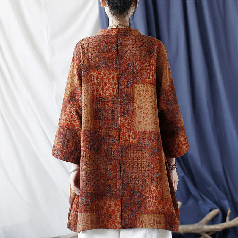 Veste ouverte en coton à imprimé géométrique de fleurs oranges et Buddha Stones avec poches