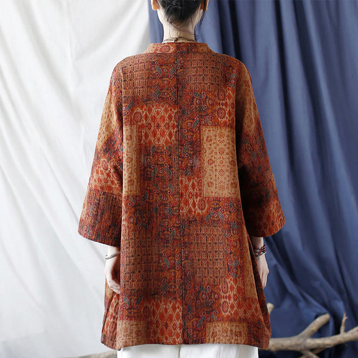 Veste ouverte en coton à imprimé géométrique de fleurs oranges et Buddha Stones avec poches